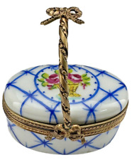 Vintage Limoges France Peint Main White Pink & Blue Basket Trinket Box 2