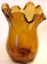 Vintage Amber Handblown Glass Vase Ruffled Edge 7