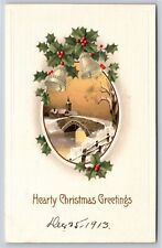 Christmas~Hearty Greetings~Silver Bells And Mistletoe~Vintage Postcard picture