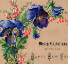 1880s-90s Embossed Victorian Christmas & New Year's Card Lovely Pansies #6D picture