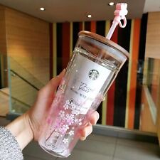 Starbucks Double Glass Straw Tumbler Pink Sakura Cup 591 Ml+ Cherry Blossom Plug picture