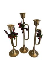 3 Vintage Brass Trumpet Bugle Horn Taper Votive Candle Holders Christmas Decor picture