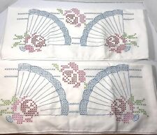 Vintage Cottagecore Estate Pillow Cases, Hand Sewn Cross Stitch Floral Fan picture