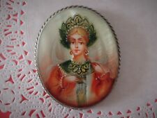 Vintage Russian Brooch. Fedoskino School  Hand-painted. picture