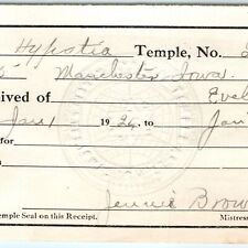 1924 Manchester, Iowa Hypatia Temple Pythian Sisters Receipt Knights Pythias 3B picture