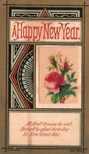 1880s-90s A Happy New Year Pink Rose Flower Trade Card picture