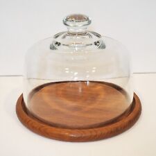Small Glass Cloche On Teak? Wood Tray VTG 7 1/4