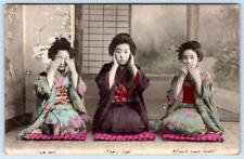 1909 GEISHA GIRLS SEE NO EVIL HEAR NO EVIL SPEAK NO EVIL HANDCOLORED POSTCARD picture