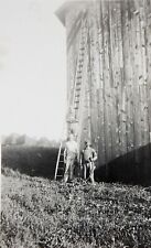 Vintage 1930s Snapshot  Working Men Barn Super Tall Ladder Abstract Angles picture