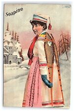 1880s-90s Winter Trade Card Soapine Victorian Ri Providence Woman & Snow Shoes picture