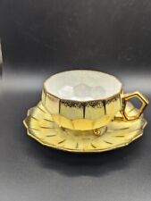 VTG Royal Sealy Japan Teacup & Saucer Yellow Iridescent Gold Trim 3-Footed picture