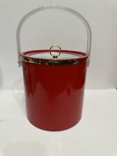Vintage MCM Red Ice Bucket with Acrylic Lid and Gold Rim picture