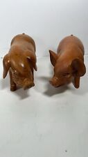 2 Pigs Hand Carved Delightful Wooden Anatomically Correct Pigs Figure Wear/Pics picture
