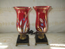 Antique Pair Napoleon III Style Hand Painted Cranberry Lamps w Black & Gold Base picture
