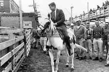 PRESIDENT JOHN F. KENNEDY RIDING HORSE SIOUX CITY STOCKYARDS 4X6 PHOTO POSTCARD picture