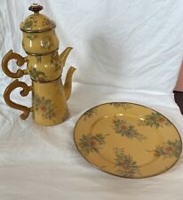 Vintage MacKenzie Childs Mustard Yellow Floral Enamelware Victoria & Richard 5ps picture