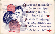 Man Kissing Woman Aggressively- 1908 Humor Postcard - Shocked Moon picture