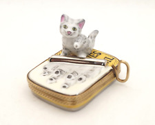 New French Limoges Trinket Box Tiger Striped Tabby Cat on Sardines Can with Fish picture