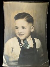Vintage Enlarged Photobooth Hand Tinted Photo Little Kid Overalls Neck Tie 1940s picture