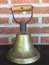 ANTIQUE LARGE BRASS SCHOOL BELL Wood HANDLE picture