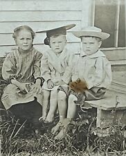 c1908 Kids With Hats On A Porch, Antique Real Photo Postcard RPPC picture