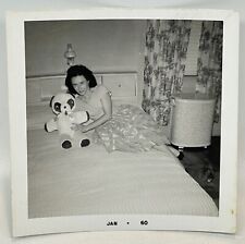 Vtg 1960s Snapshot Photo Fashionable Woman Posing on Bed With Teddy Bear MCM picture