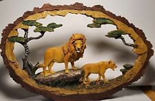 Lion Pride Faux Wood Bark Carved Resin Sculpture 2 Lions Decor Display  picture