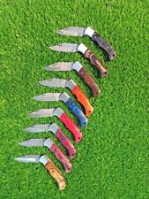 HANDMADE DAMASCUS STEEL HUNTING FOLDING KNIFE with leather Sheath 9 pcs set picture