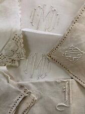 ANTIQUE MONOGRAMS 40 Napkin Remnants Embroidered Linen Damask Salvage Cutter Lot picture