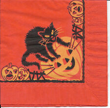 Vintage Paper Halloween Napkin ~ Hissing Black Cat, JOL, Pumpkin Border picture