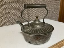 ANTIQUE ORNATE COPPER & PEWTER TONE METAL COFFEE POT TEAPOT BEADED SCROLLS picture