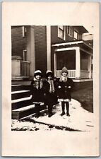 Three Children Winter Coats Hats Scarves c1908 RPPC Real Photo Postcard Snow picture