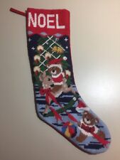 Vintage 18” Needlepoint Stocking NOEL Teddy Bears Riding A Reindeer picture