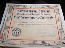 1953 FORT WORTH PUBLIC SCHOOLS HIGH SCHOOL SPORTS CERTIFICATE SIGNED - BBA-52 picture