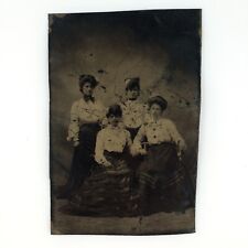 Beautiful Distressed Girl Group Tintype c1870 Antique 1/6 Plate Lady Photo B2812 picture