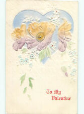 Pre-Linen art nouveau valentine EMBOSSED HEART AND PANSY FLOWERS 60k cards k9810 picture