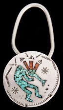 Vintage Navajo Sterling Silver Turquoise Coral Key Chain Kokopelli Signed picture