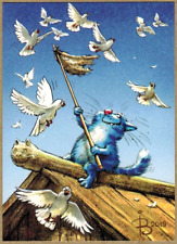 R.Zenyuk Russian postcard BLUE CAT plays with PIGEONS waving Flag on Roof picture