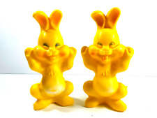 Pair (x2) vtg Yellow plastic blow mold Easter Rabbits Bunnys bank picture