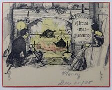Vtg Lovely Art Deco Christmas Card-COUPLE ROASTING TURKEY IN THE FIREPLACE-1930s picture