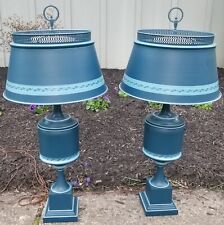 Two Vintage MCM Farmhouse Blue Tole Lamps with Milk Glass Diffusers PERFECT picture