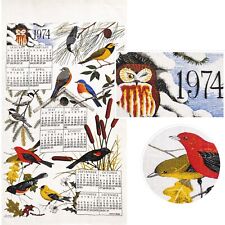 Vintage 1974 Calendar Tea Towel Linen Birds KayDee Illustration Handprint 30