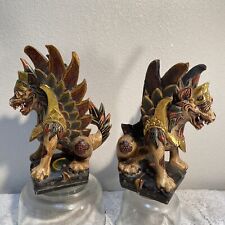 VTG PAIR Balinese Singa Barong Winged Lion Temple Statue Wood Carving Folk Art picture