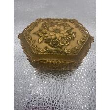 Vintage Hexagonal Jewelry Trinket Antique Gold Tones Box picture