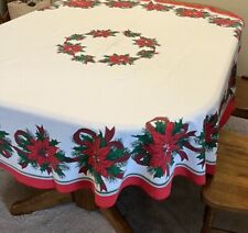 Vintage Kmart Christmas Tablecloth Poinsettias Oval 70” x 66” - As Is picture