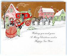 1920-30's ONE SIDED CHRISTMAS CARD STAGECOACH SNOW COVERED COTTAGES GOLD RED picture
