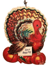 COLORFUL PLUMP TURKEY w PUMPKINS, HAPPY THANKSGIVING ORNAMENT * Vtg Img picture