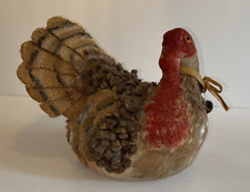 Vtg Paper Mache Composite Thanksgiving Turkey, Burlap Pinecone Feathers SIGNED picture