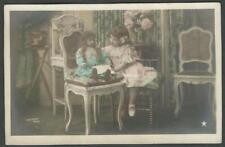 Real Photo Postcard Little Girl With French Bisque Doll Bebe Colorized RPPC 1913 picture
