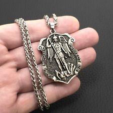 Large Saint St Michael Medal Shield Badge Pendant Necklace w Strong Spiga Chain picture